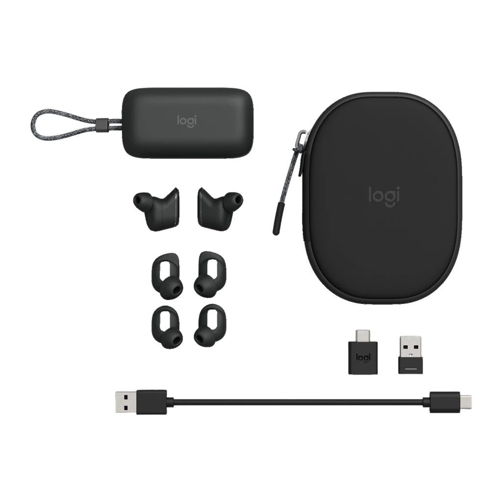 Logitech Auriculares Zone True Wireless negro, vista frontal: ambos earbuds en ángulo, panel oval texturizado e indicador - Ítem4