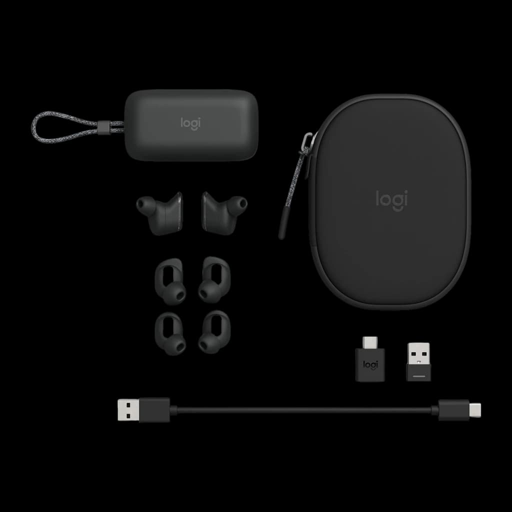 Logitech Auriculares Zone True Wireless preto, conteúdo da caixa: auriculares, estojo, ponteiras, cabo USB-C e adaptadores