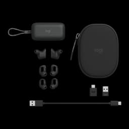 Logitech Auriculares Zone True Wireless preto, conteúdo da caixa: auriculares, estojo, ponteiras, cabo USB-C e adaptadores