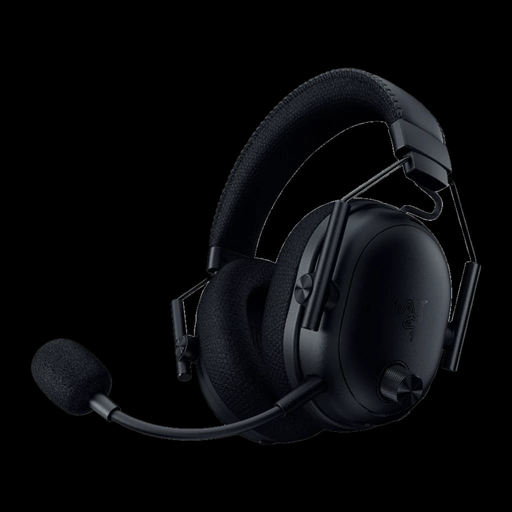 Razer BlackShark V3 negro, vista lateral izquierda: almohadilla de tela visible, micrófono boom y rueda de volumen en copa