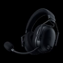Razer BlackShark V3 negro, vista lateral izquierda: almohadilla de tela visible, micrófono boom y rueda de volumen en copa