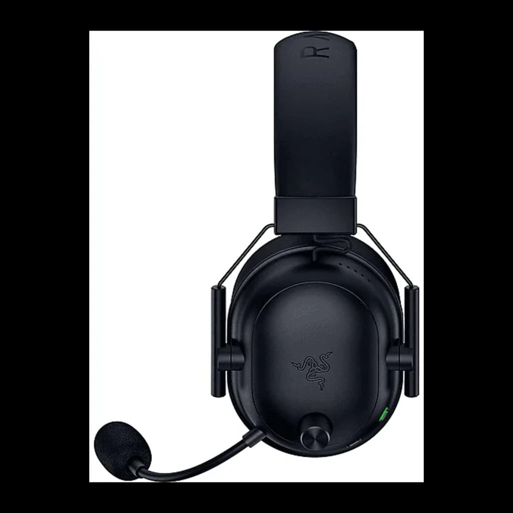 Razer BlackShark V3 Negro, vista lateral: auricular con logo serpiente, micrófono flexible y dial de volumen verde