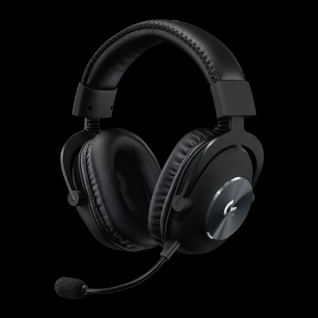 Logitech Auriculares G Pro X Gaming Preto, vista lateral: almofadas de couro, arco acolchoado e microfone boom flexível