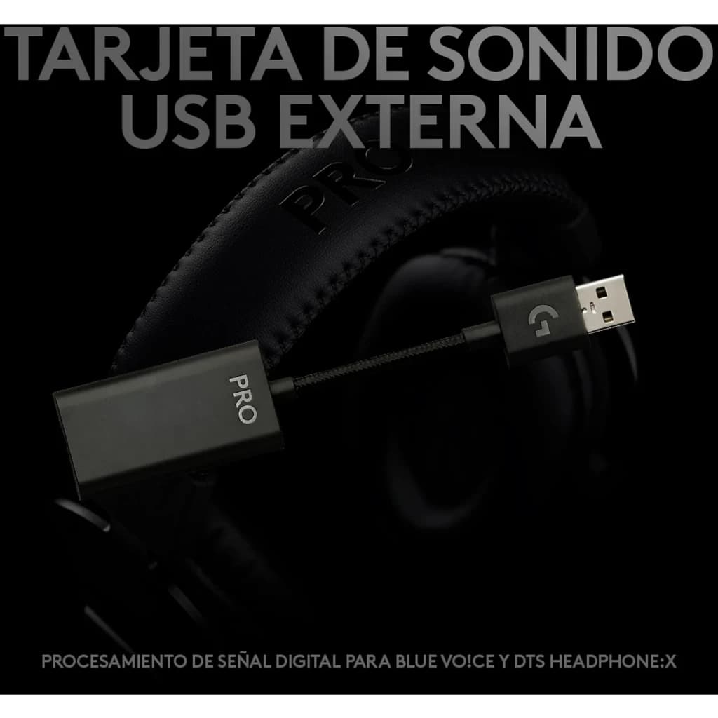 Logitech Auriculares G Pro X Gaming Preto, detalhe: placa de som USB externa PRO com conector USB e headset preto ao fundo
