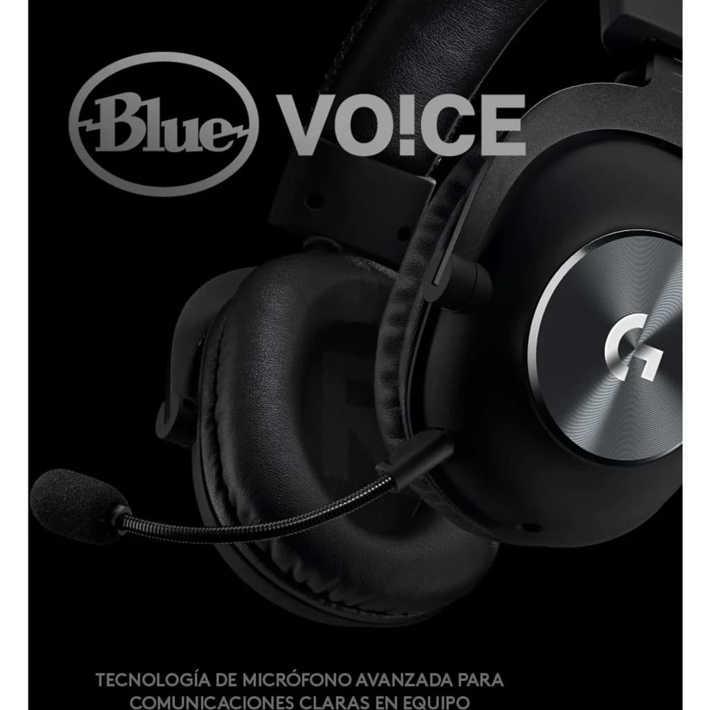 Logitech Auriculares G Pro X Gaming Preto, vista lateral: concha esquerda com microfone flexível e logo Blue Voice