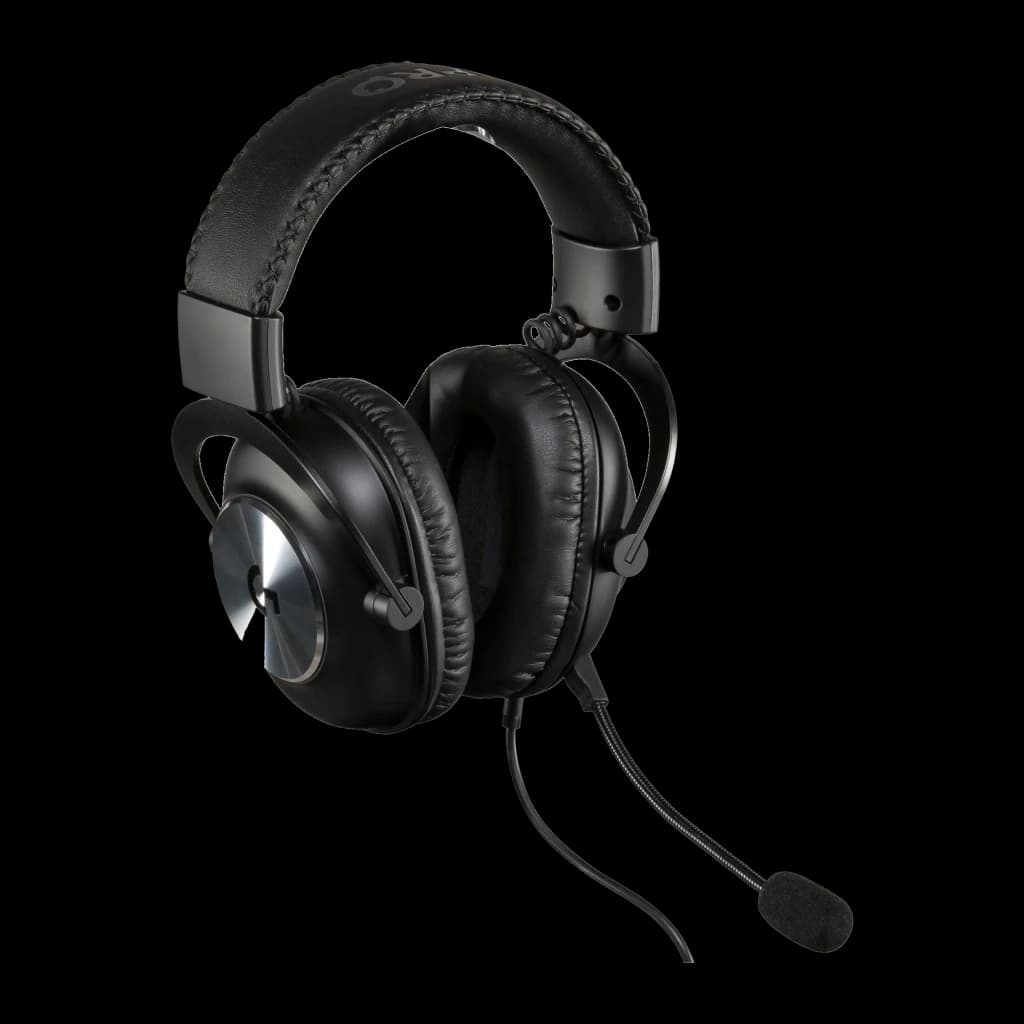 Logitech Auriculares G Pro X Gaming Preto, vista lateral em ângulo: cápsula exterior metálica, arco de couro costurado e