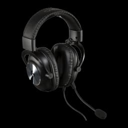 Logitech Auriculares G Pro X Gaming Preto, vista lateral em ângulo: cápsula exterior metálica, arco de couro costurado e