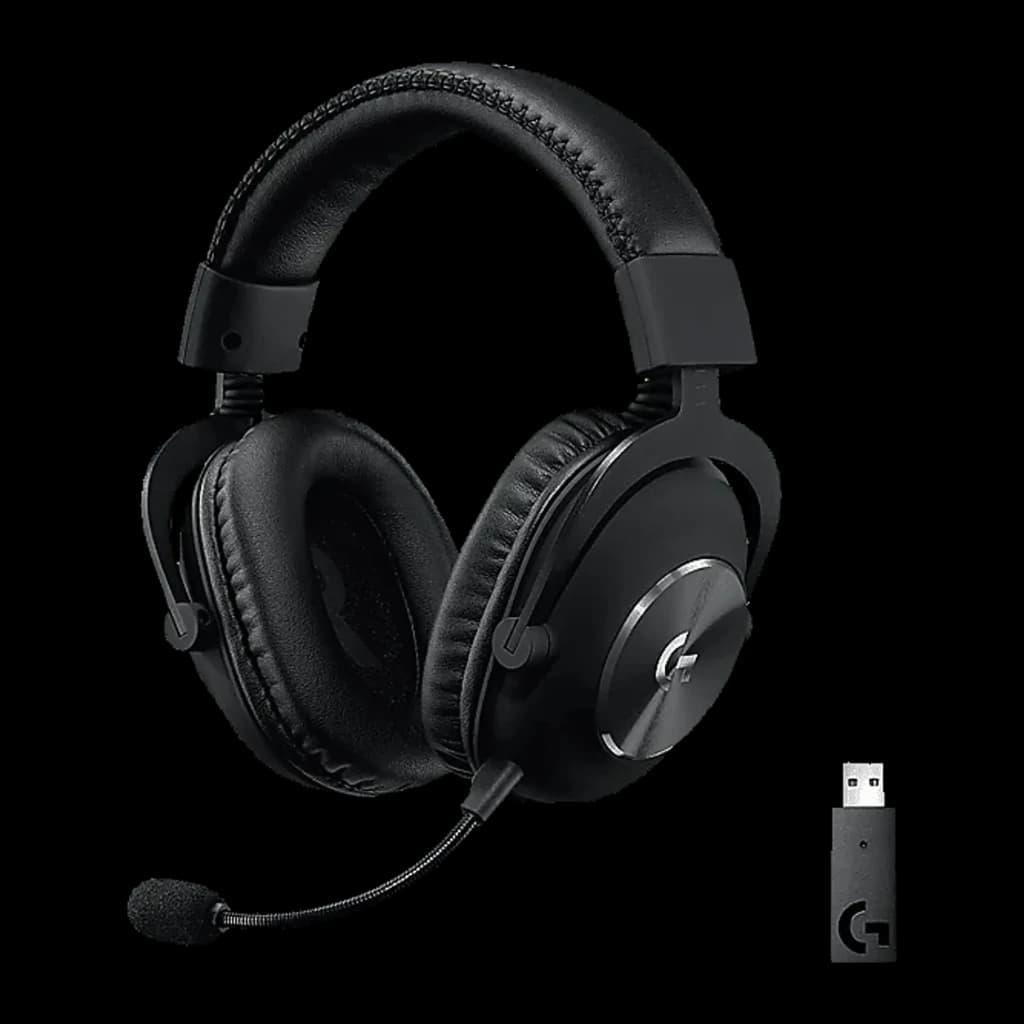 Logitech Auriculares G Pro X Gaming Preto, vista lateral: headset com microfone flexível e receptor USB sem fio