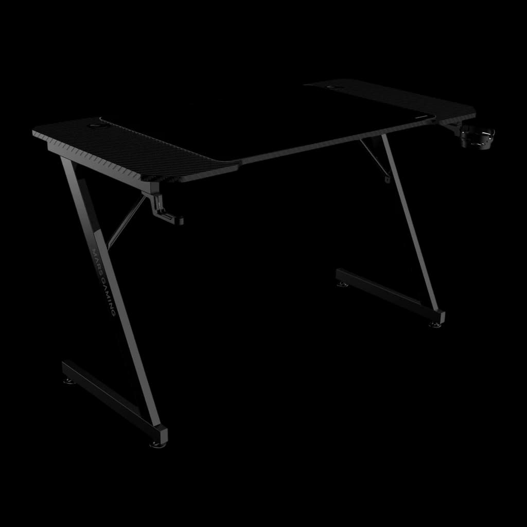 Mars Gaming Mesa Gaming MGD-X120 120x60cm Negro, vista en perspectiva: superficie carbono, patas en Z y gancho auriculares
