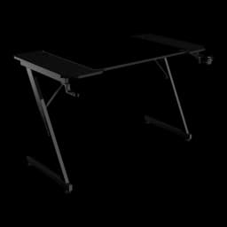 Mars Gaming Mesa Gaming MGD-X120 120x60cm Negro, vista en perspectiva: superficie carbono, patas en Z y gancho auriculares