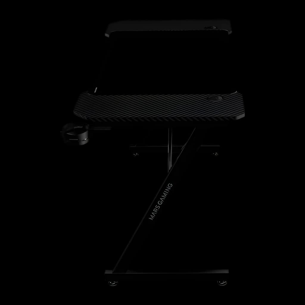 Mars Gaming Mesa Gaming MGD-X120 120x60cm Negro, vista frontal: superficie con textura carbono, portavasos y patas en Z con