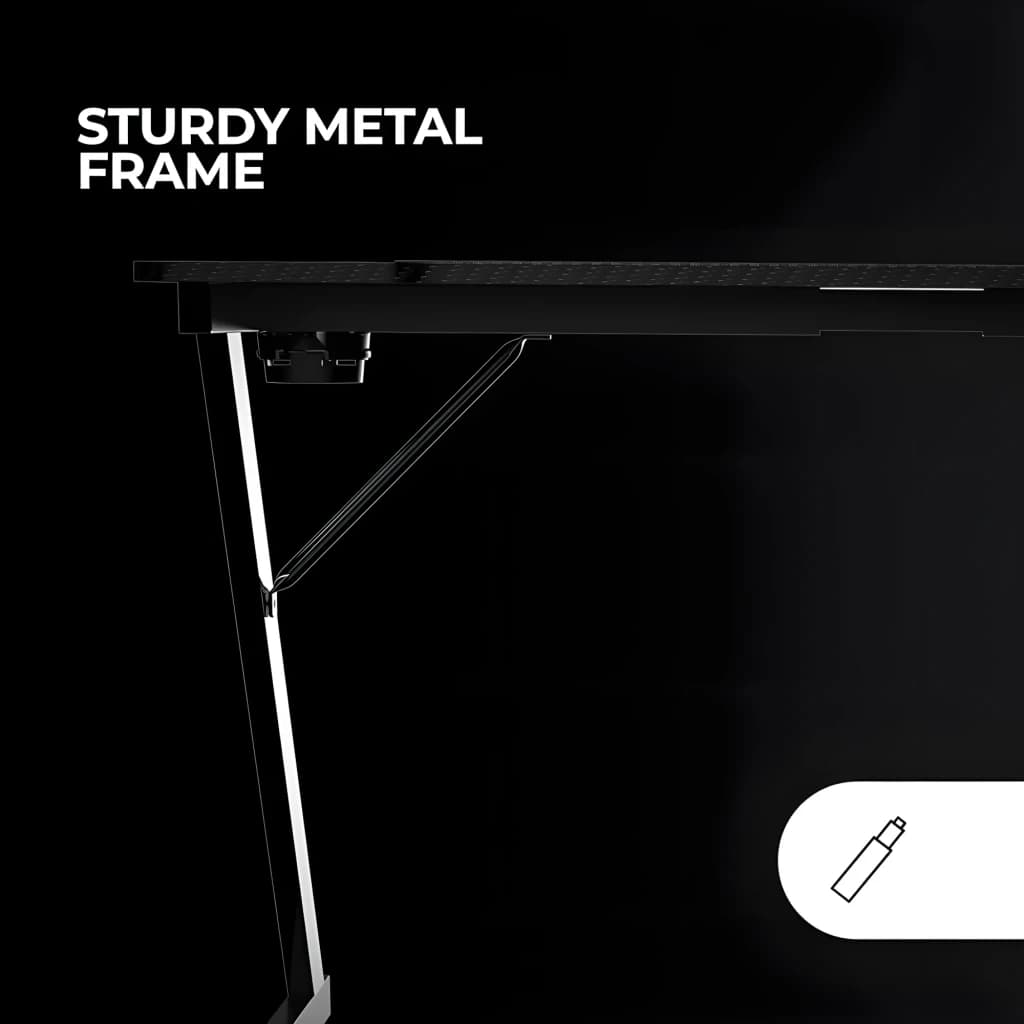 Mars Gaming Mesa Gaming MGD-X120 120x60cm Negro, detalle estructura: pata metálica en Z y unión con el tablero negro vistos