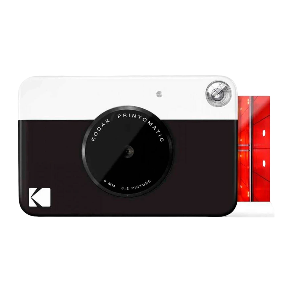 Kodak Printomatic 5MP 32GB negra, vista frontal: lente circular con inscripción 8MM 3:2, franja blanca superior y logo K - Ítem1