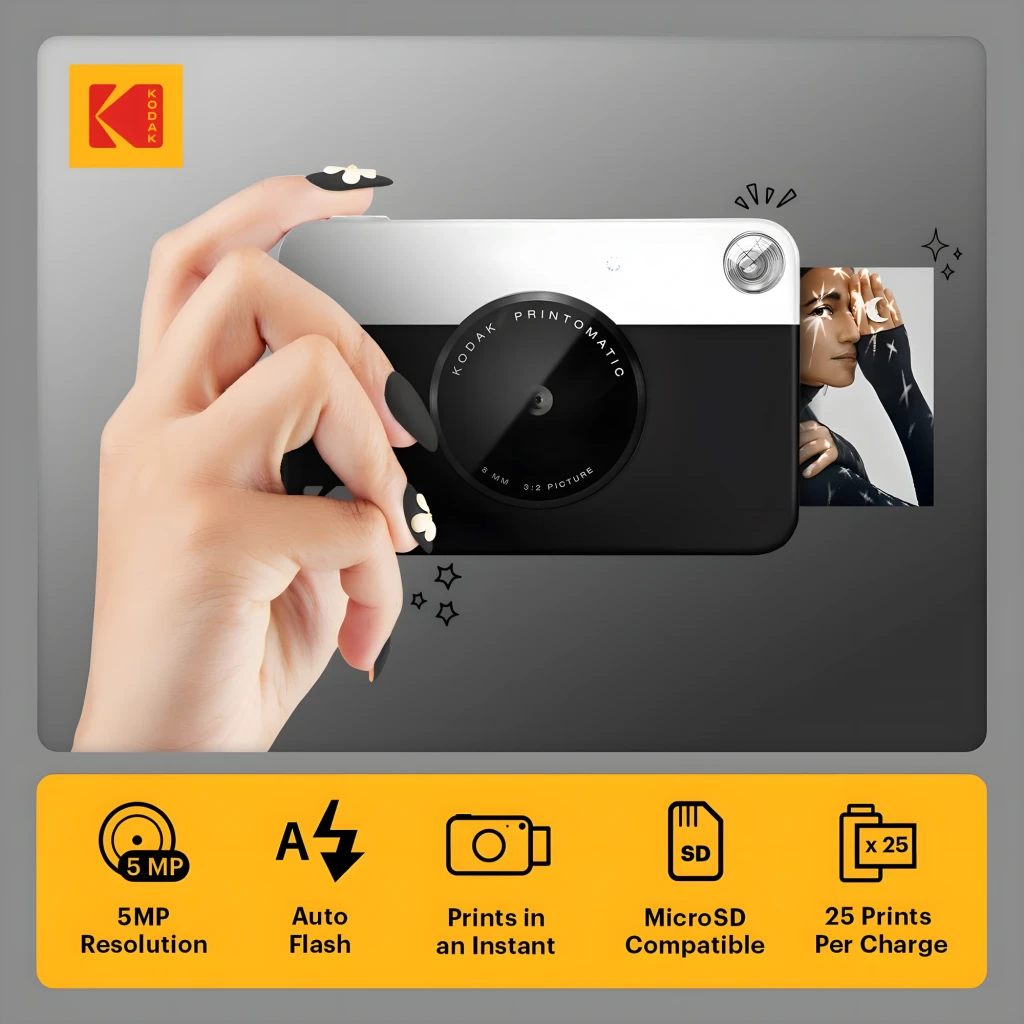 Kodak Printomatic 5MP 32GB negra, vista frontal: lente circular con inscripción 8MM 3:2, franja blanca superior y logo K - Ítem2