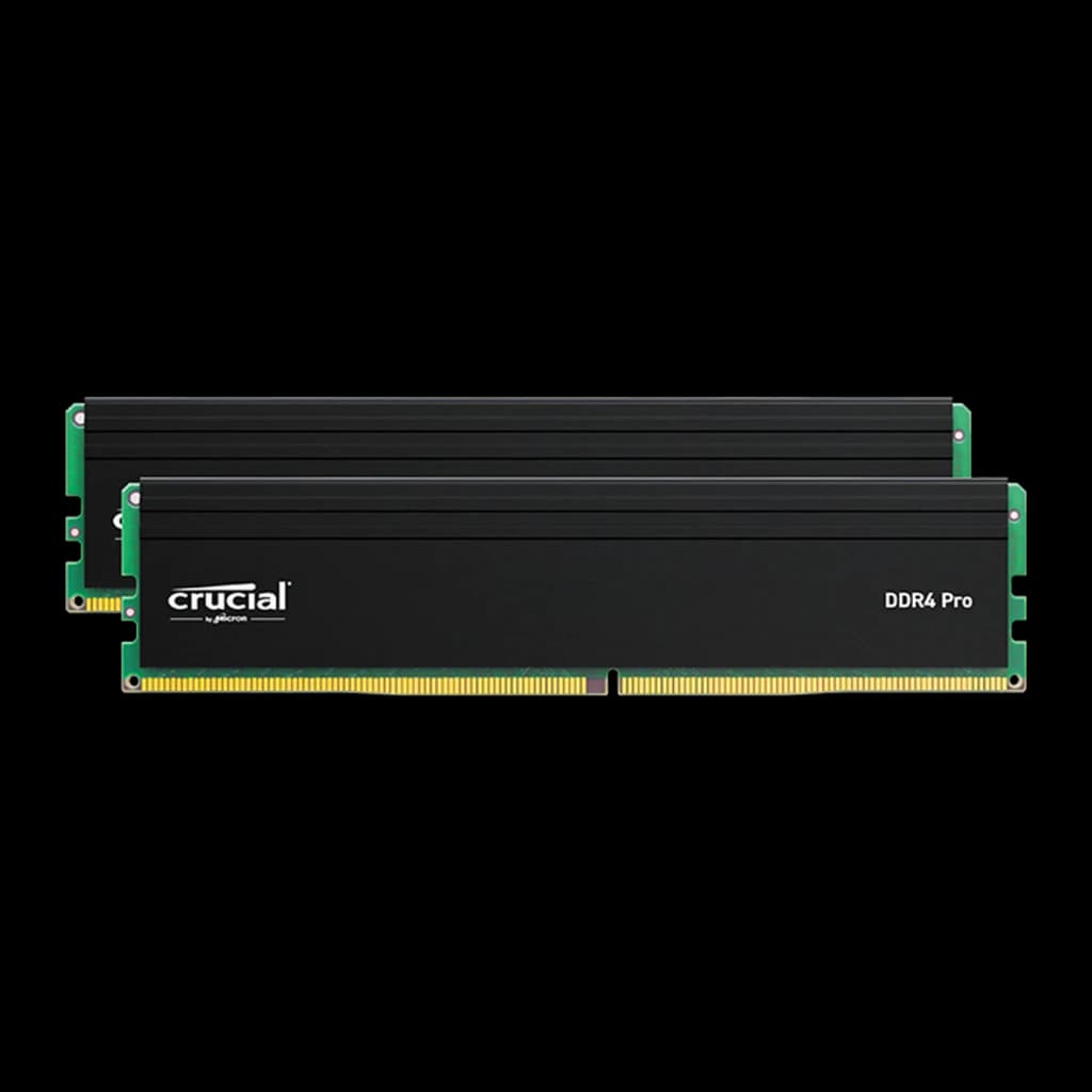 Crucial Pro DDR4-3200 32GB Kit negro, vista frontal: dos módulos apilados con disipador negro y PCB verde