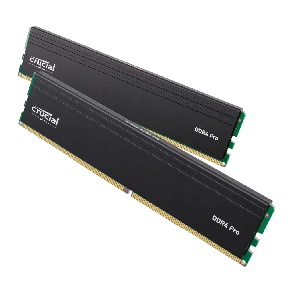 Crucial Pro DDR4-3200 32GB Kit preto, vista frontal: dois módulos empilhados com dissipador preto e PCB verde - Item2