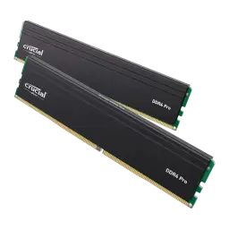 Crucial Pro DDR4-3200 32GB Kit negro, vista lateral en ángulo: dos módulos mostrando el perfil acanalado del disipador y