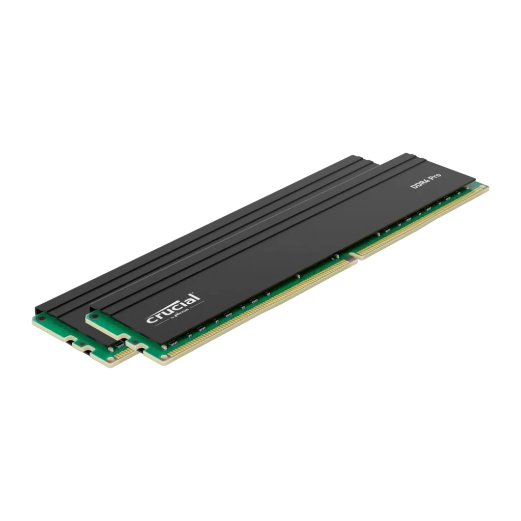 Crucial Pro DDR4-3200 32GB Kit preto, vista frontal: dois módulos empilhados com dissipador preto e PCB verde - Item3