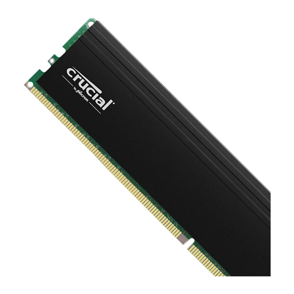 Crucial Pro DDR4-3200 32GB Kit preto, vista frontal: dois módulos empilhados com dissipador preto e PCB verde - Item4