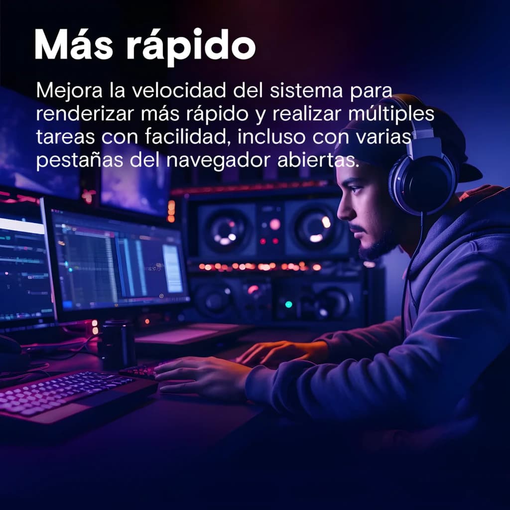 Crucial Pro DDR4-3200 32GB negro, lifestyle: usuario con auriculares ante múltiples monitores en estudio iluminado con luces