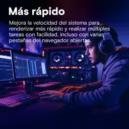 Crucial Pro DDR4-3200 32GB negro, lifestyle: usuario con auriculares ante múltiples monitores en estudio iluminado con luces