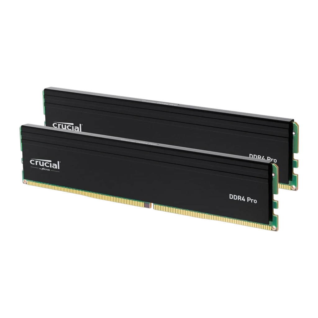 Crucial Pro DDR4-3200 32GB Kit preto, vista frontal: dois módulos empilhados com dissipador preto e PCB verde - Item1