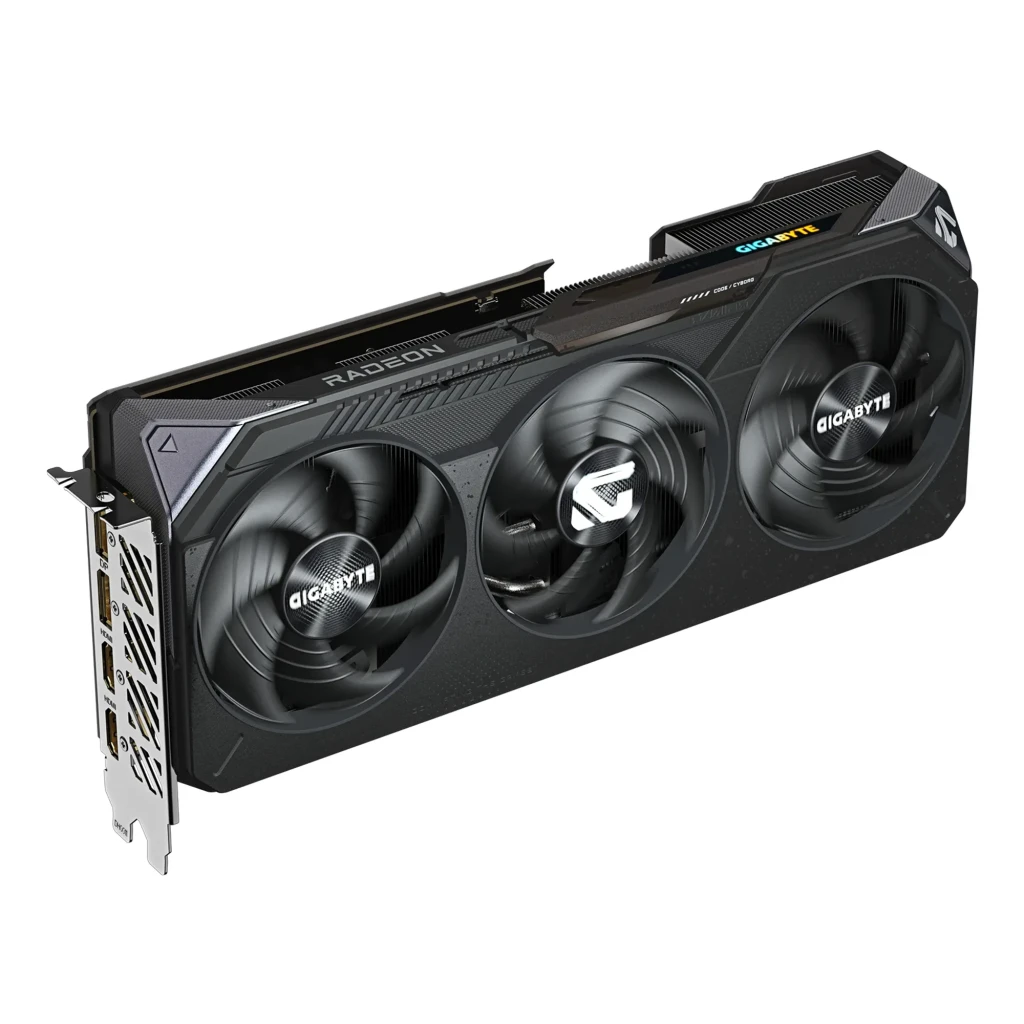Gigabyte Radeon RX 9070 Gaming 16GB preto, vista principal: placa gráfica com triplo ventilador ao lado da caixa - Item3