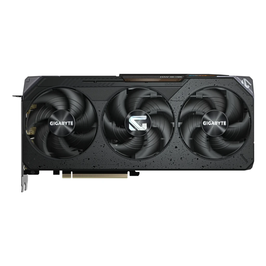 Gigabyte Radeon RX 9070 Gaming 16GB preto, vista principal: placa gráfica com triplo ventilador ao lado da caixa - Item1
