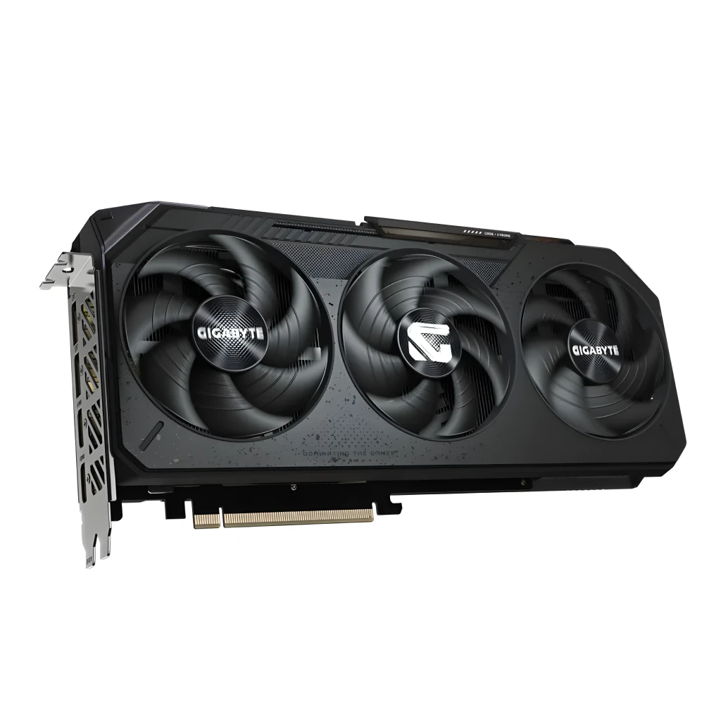 Gigabyte Radeon RX 9070 Gaming 16GB preto, vista principal: placa gráfica com triplo ventilador ao lado da caixa - Item2