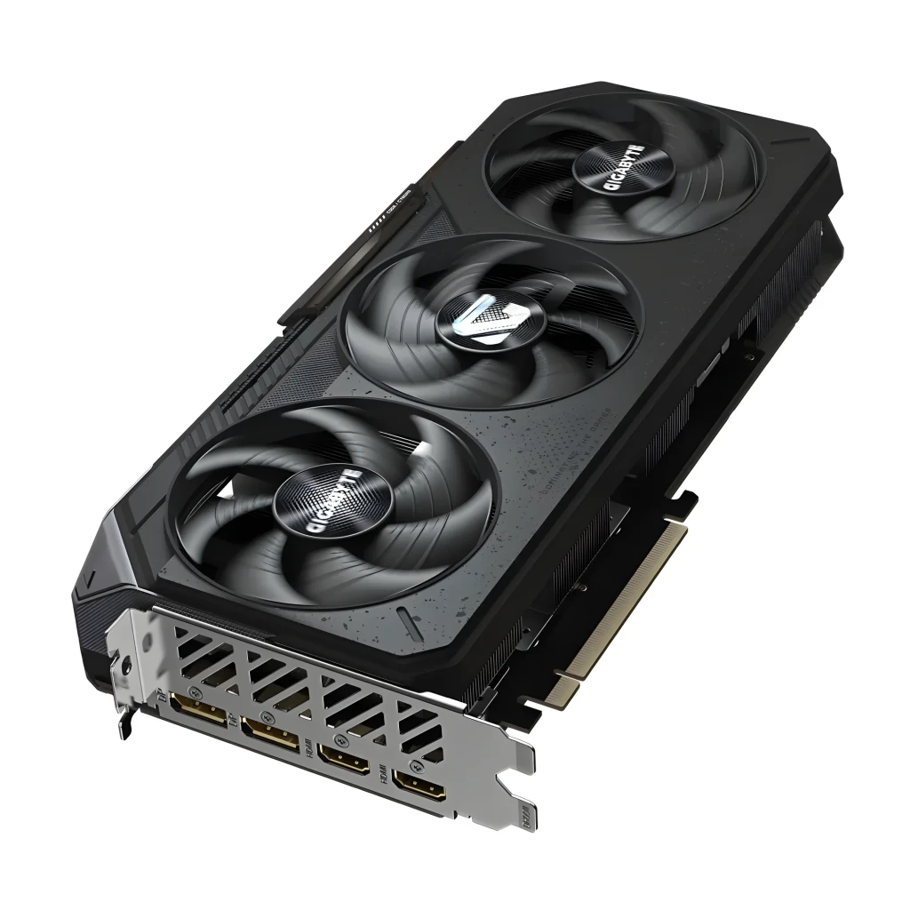 Gigabyte Radeon RX 9070 Gaming 16GB preto, vista principal: placa gráfica com triplo ventilador ao lado da caixa - Item4