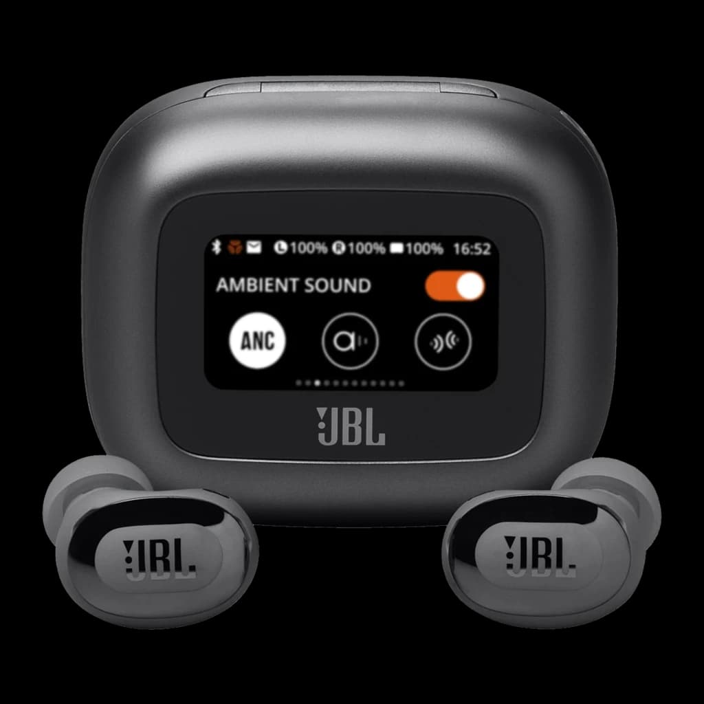 JBL Live Buds 3 negro, vista frontal: estuche abierto con pantalla táctil mostrando Ambient Sound y dos auriculares