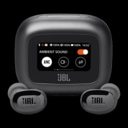 JBL Live Buds 3 negro, vista frontal: estuche abierto con pantalla táctil mostrando Ambient Sound y dos auriculares