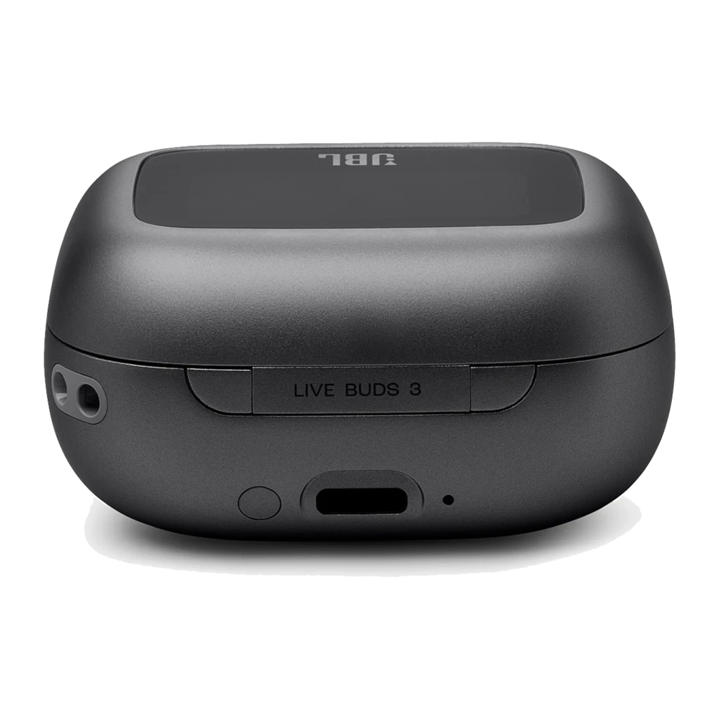 JBL Live Buds 3 negro, vista frontal: estuche abierto con pantalla táctil mostrando Ambient Sound y dos auriculares - Ítem6