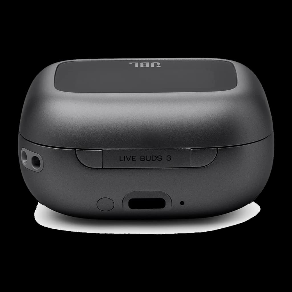 JBL Live Buds 3 negro, vista trasera e inferior: estuche cerrado con etiqueta Live Buds 3, puerto USB-C y botón