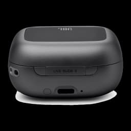 JBL Live Buds 3 negro, vista trasera e inferior: estuche cerrado con etiqueta Live Buds 3, puerto USB-C y botón