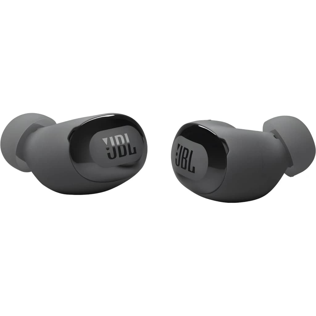 JBL Live Buds 3 negro, vista frontal: dos auriculares true wireless con logo JBL y almohadillas de silicona