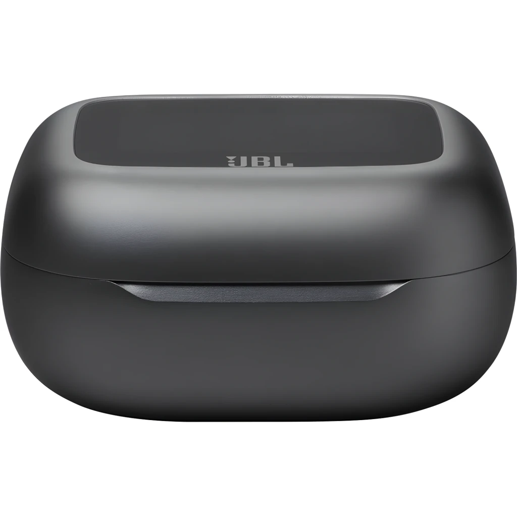 JBL Live Buds 3 negro, vista frontal: estuche abierto con pantalla táctil mostrando Ambient Sound y dos auriculares - Ítem7