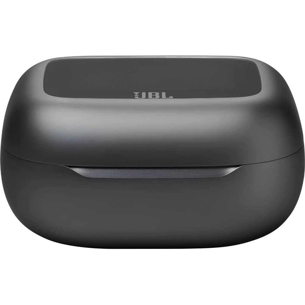 JBL Live Buds 3 negro, vista frontal: estuche de carga cerrado con logo JBL y panel superior texturizado