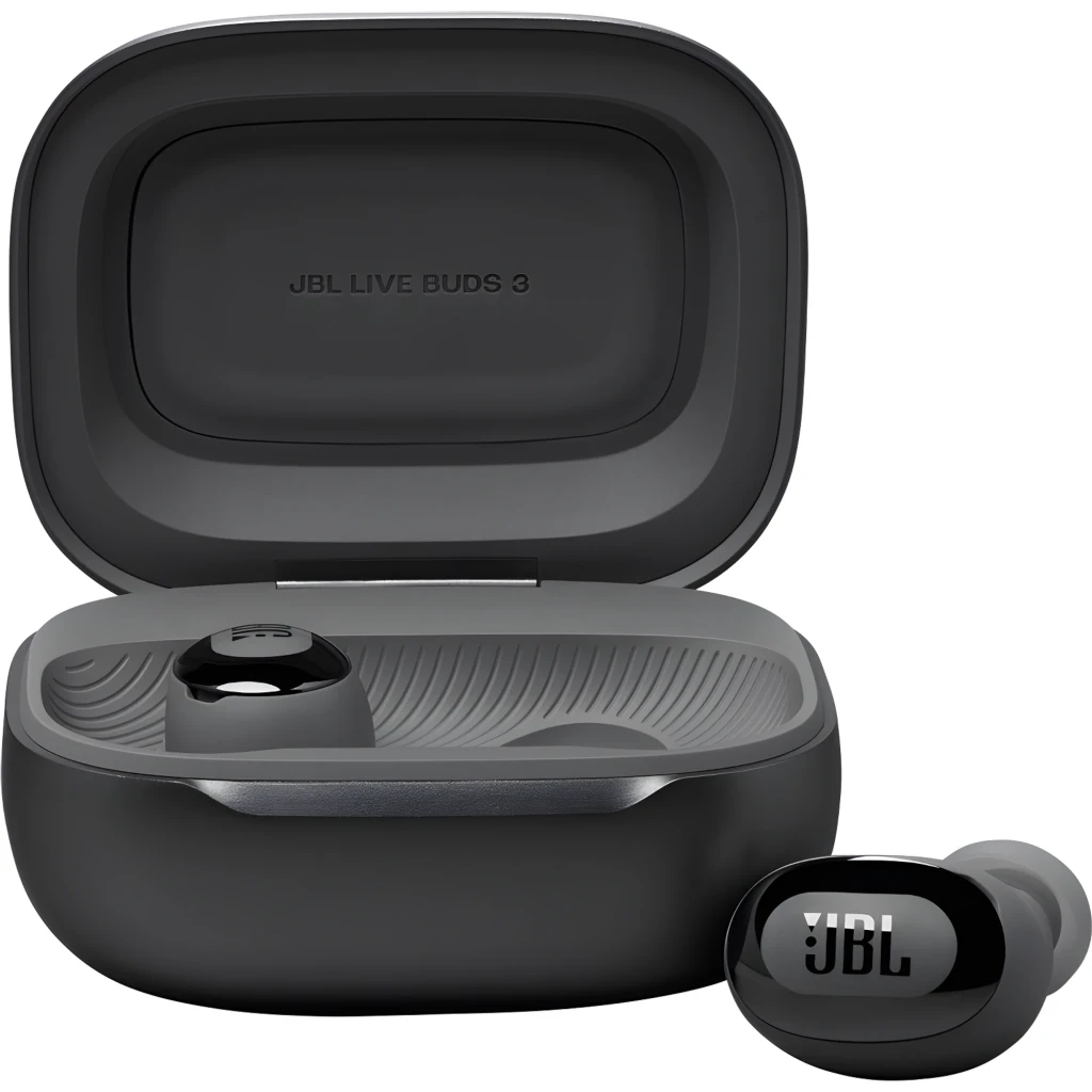 JBL Live Buds 3 negro, vista frontal: estuche abierto con pantalla táctil mostrando Ambient Sound y dos auriculares - Ítem3