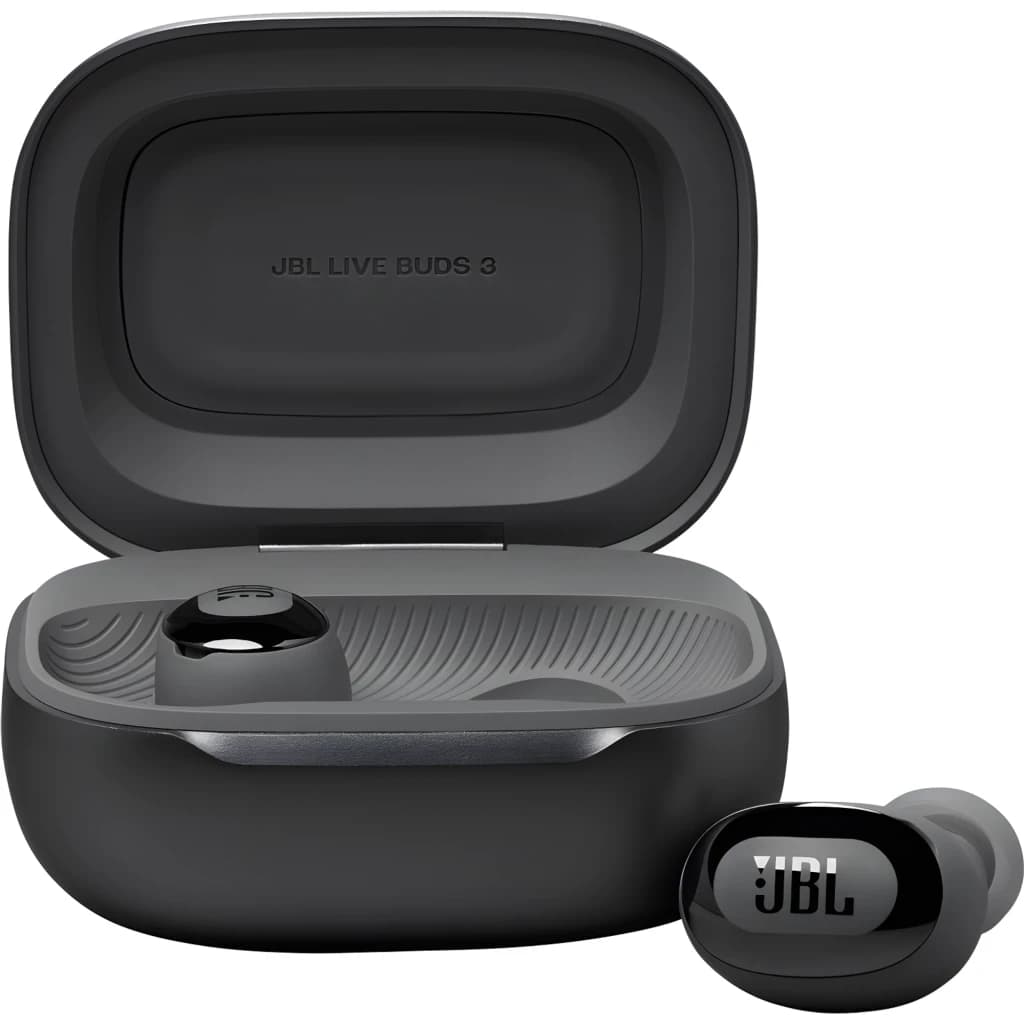 JBL Live Buds 3 Negro, estuche abierto: interior con ranuras, logo grabado y un auricular negro con logo JBL visible