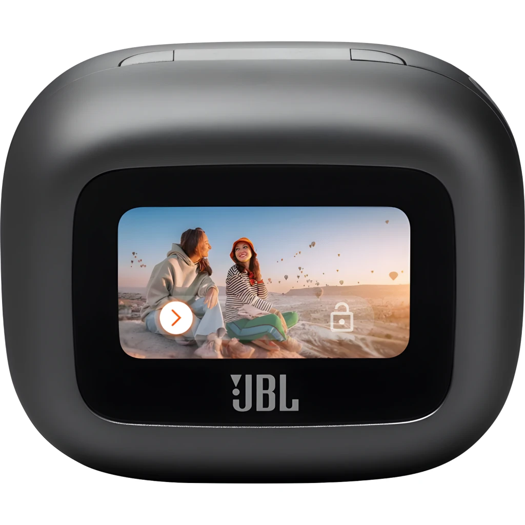 JBL Live Buds 3 negro, vista frontal: estuche abierto con pantalla táctil mostrando Ambient Sound y dos auriculares - Ítem4