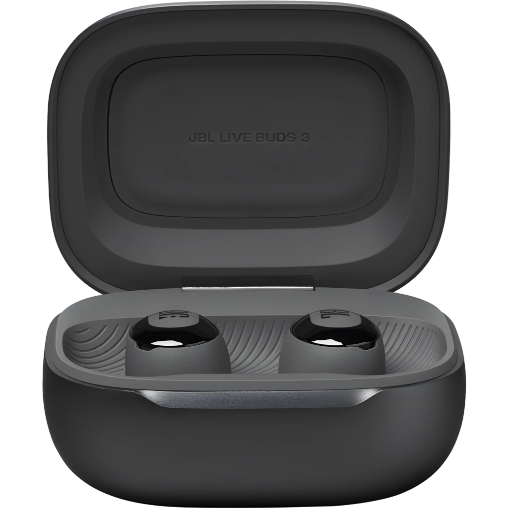 JBL Live Buds 3 negro, vista frontal: estuche abierto con pantalla táctil mostrando Ambient Sound y dos auriculares - Ítem5
