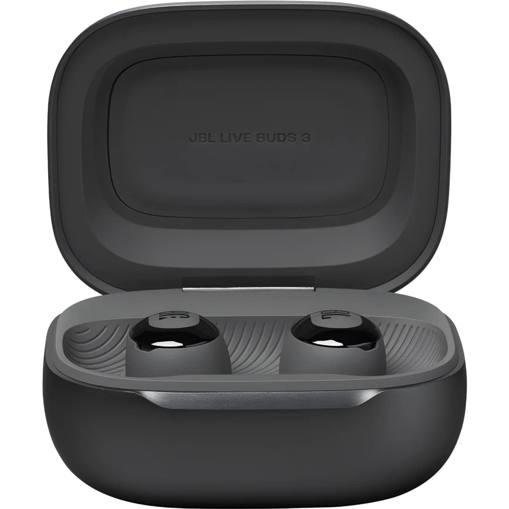 JBL Live Buds 3 Negro, vista frontal: estuche abierto con los dos auriculares alojados y logo en la tapa
