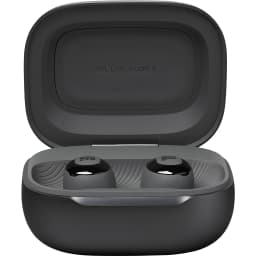 JBL Live Buds 3 Negro, vista frontal: estuche abierto con los dos auriculares alojados y logo en la tapa