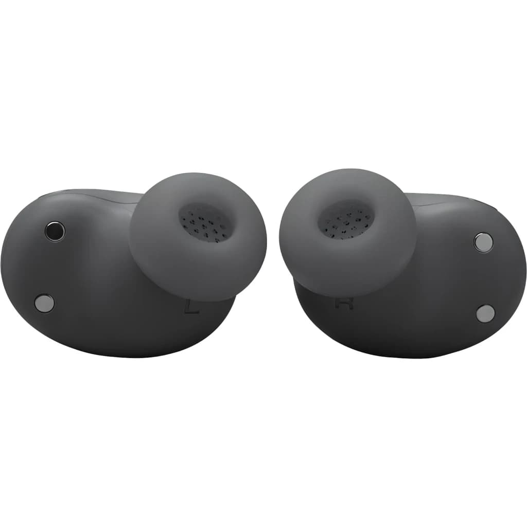 JBL Live Buds 3 Negro, vista frontal: ambos auriculares con almohadillas de silicona y contactos de carga visibles