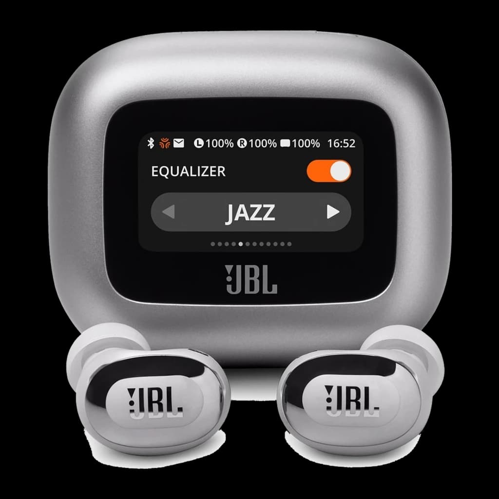 JBL Live Buds 3 Plateado, vista frontal: estuche abierto con pantalla táctil mostrando ecualizador Jazz y auriculares