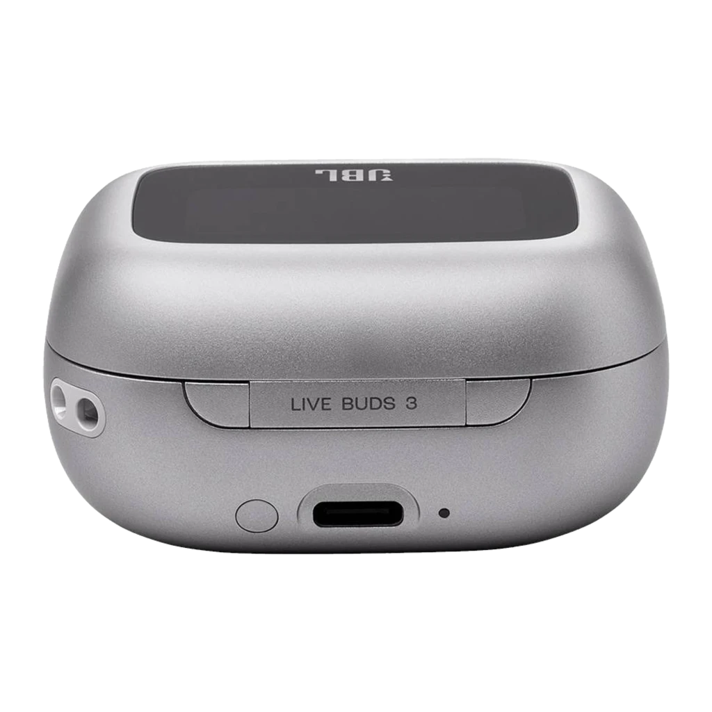 JBL Live Buds 3 Plateado, vista frontal: estuche abierto con pantalla táctil mostrando ecualizador Jazz y auriculares - Ítem2