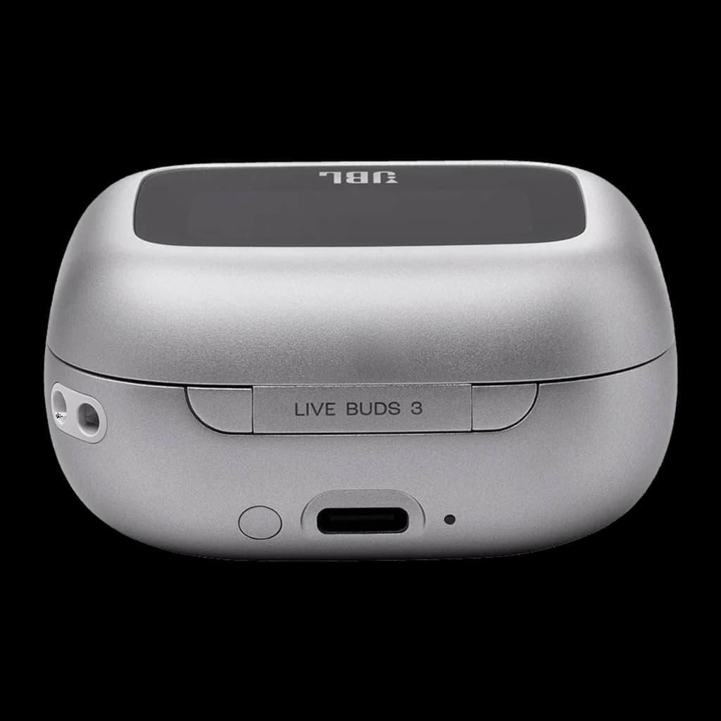 JBL Live Buds 3 Plateado, vista inferior trasera: estuche cerrado con puerto USB-C, botón de emparejamiento y etiqueta Live