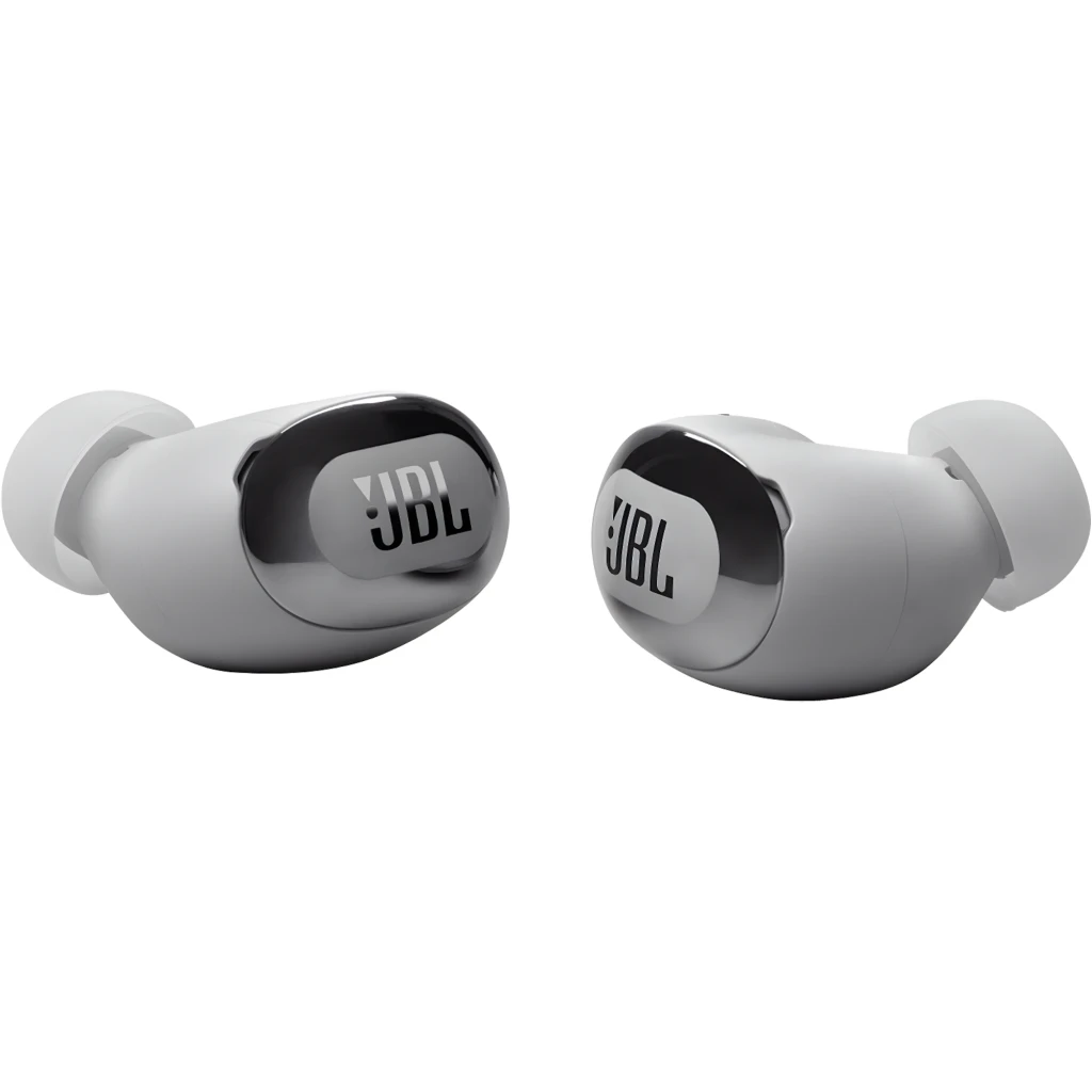 JBL Live Buds 3 Plateado, vista frontal: estuche abierto con pantalla táctil mostrando ecualizador Jazz y auriculares - Ítem4