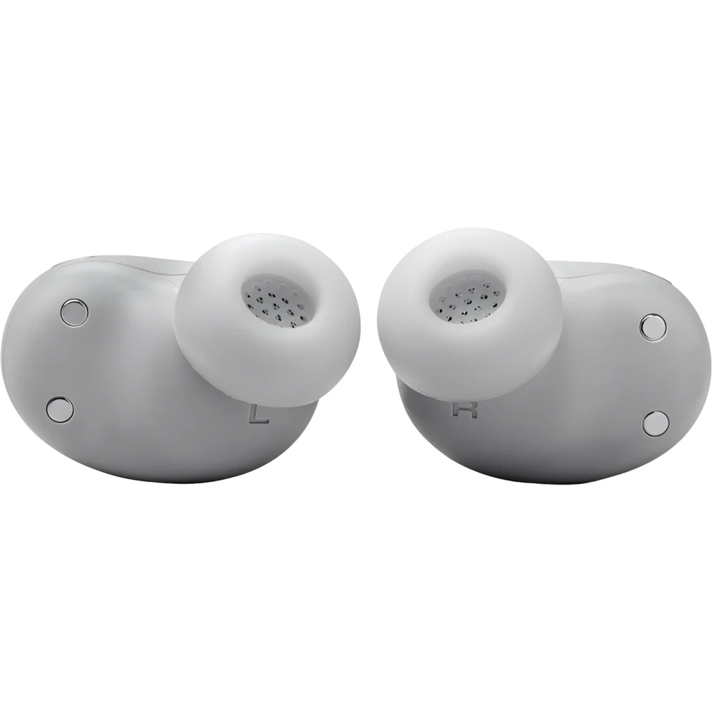JBL Live Buds 3 Plateado, vista frontal: estuche abierto con pantalla táctil mostrando ecualizador Jazz y auriculares - Ítem5